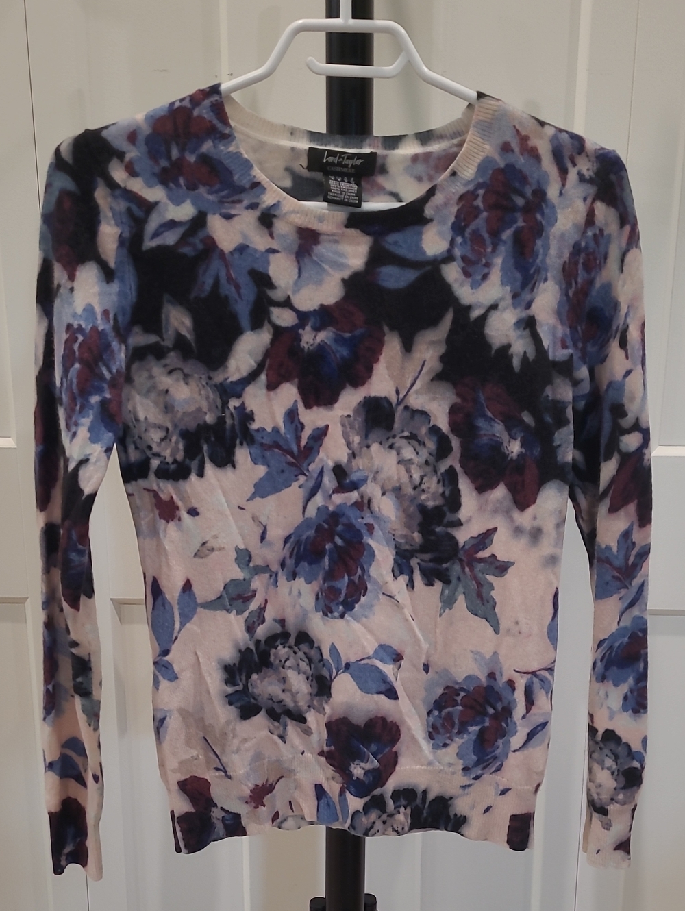 Lord & Taylor 100% Cashmere Floral Crewneck Sweater - Blue, Pink & Cream